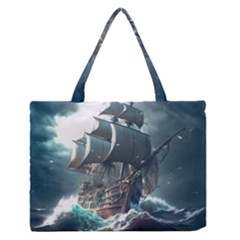 Pirate Ship Boat Sea Ocean Storm Zipper Medium Tote Bag by Sarkoni