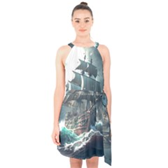 Pirate Ship Boat Sea Ocean Storm Halter Collar Waist Tie Chiffon Dress by Sarkoni