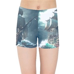 Pirate Ship Boat Sea Ocean Storm Kids  Sports Shorts by Sarkoni