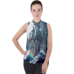 Pirate Ship Boat Sea Ocean Storm Mock Neck Chiffon Sleeveless Top by Sarkoni