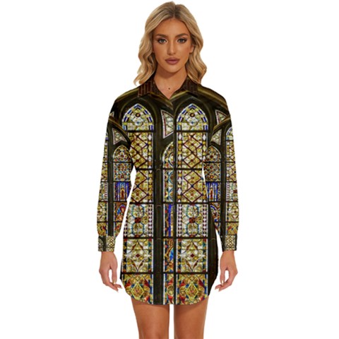 Stained Glass Window Old Antique Womens Long Sleeve Shirt Dress by Sarkoni