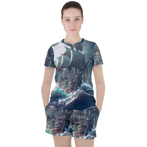 Pirate Ship Boat Sea Ocean Storm Women s T-shirt And Shorts Set by Sarkoni