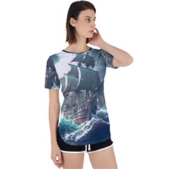 Pirate Ship Boat Sea Ocean Storm Perpetual Short Sleeve T-shirt by Sarkoni