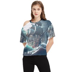 Pirate Ship Boat Sea Ocean Storm One Shoulder Cut Out T-shirt by Sarkoni