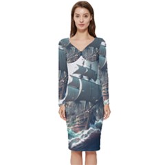 Pirate Ship Boat Sea Ocean Storm Long Sleeve V-neck Bodycon Dress  by Sarkoni