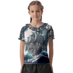 Pirate Ship Boat Sea Ocean Storm Kids  Frill Chiffon Blouse by Sarkoni