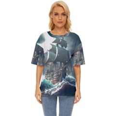 Pirate Ship Boat Sea Ocean Storm Oversized Basic T-shirt by Sarkoni