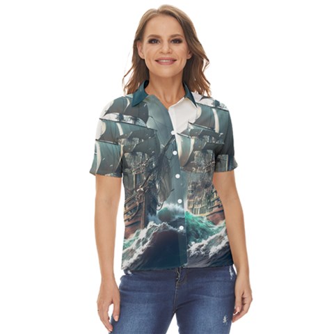 Pirate Ship Boat Sea Ocean Storm Women s Short Sleeve Double Pocket Shirt by Sarkoni