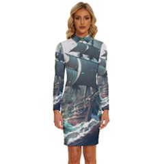 Pirate Ship Boat Sea Ocean Storm Long Sleeve Shirt Collar Bodycon Dress