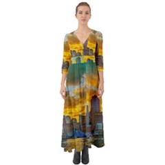 Boston Skyline Cityscape River Button Up Boho Maxi Dress by Sarkoni