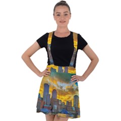 Boston Skyline Cityscape River Velvet Suspender Skater Skirt by Sarkoni