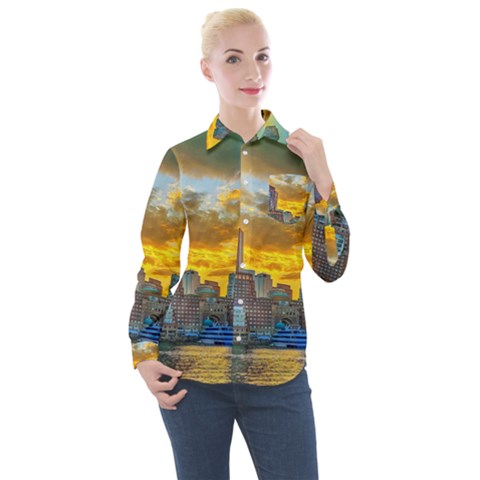 Boston Skyline Cityscape River Women s Long Sleeve Pocket Shirt by Sarkoni