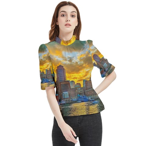 Boston Skyline Cityscape River Frill Neck Blouse by Sarkoni