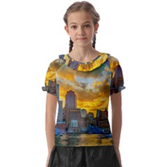 Boston Skyline Cityscape River Kids  Frill Chiffon Blouse by Sarkoni