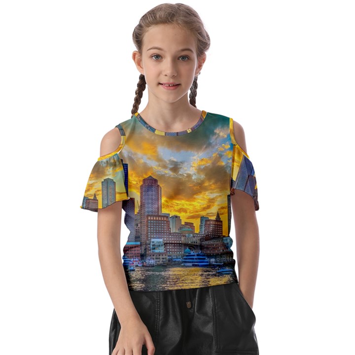 Boston Skyline Cityscape River Kids  Butterfly Cutout T-Shirt