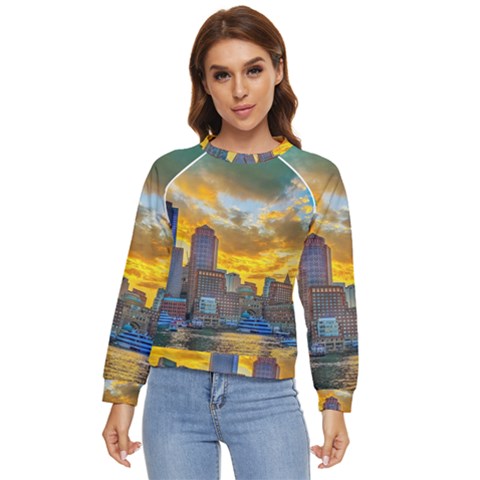 Boston Skyline Cityscape River Women s Long Sleeve Raglan T-shirt by Sarkoni