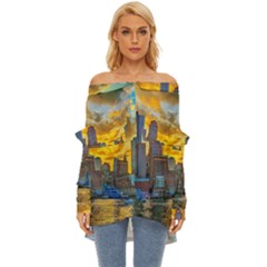 Boston Skyline Cityscape River Off Shoulder Chiffon Pocket Shirt by Sarkoni