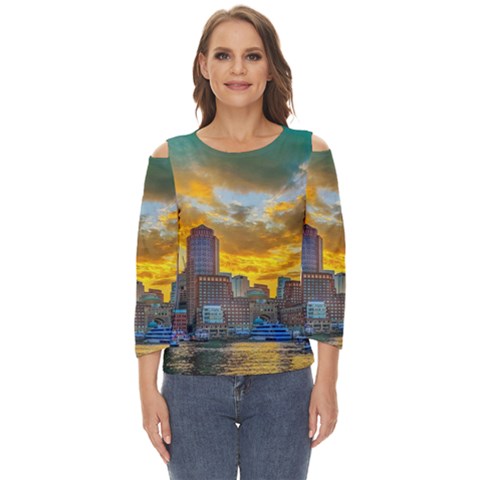 Boston Skyline Cityscape River Cut Out Wide Sleeve Top by Sarkoni