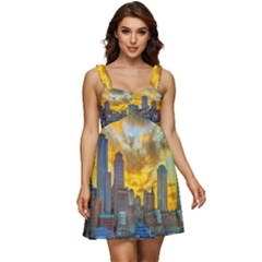 Boston Skyline Cityscape River Ruffle Strap Babydoll Chiffon Dress by Sarkoni