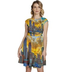 Boston Skyline Cityscape River Cap Sleeve High Waist Dress by Sarkoni