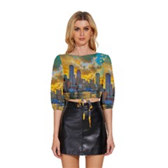 Boston Skyline Cityscape River Mid Sleeve Drawstring Hem Top by Sarkoni