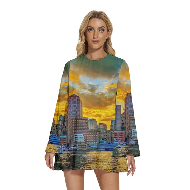 Boston Skyline Cityscape River Round Neck Long Sleeve Bohemian Style Chiffon Mini Dress