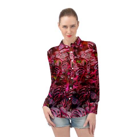 Red Leaves Plant Nature Leaves Long Sleeve Chiffon Shirt by Sarkoni