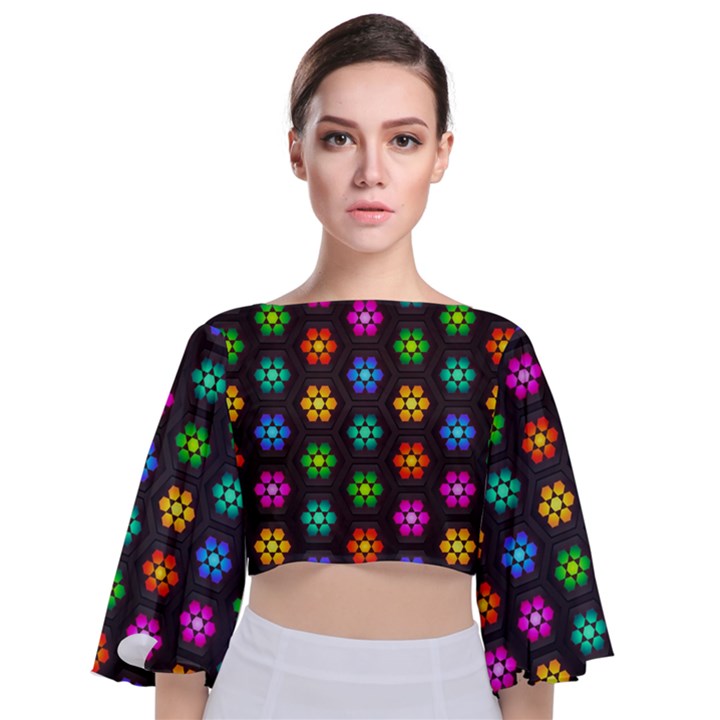 Pattern Background Colorful Design Tie Back Butterfly Sleeve Chiffon Top