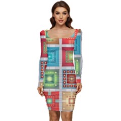 Tiles Pattern Background Colorful Women Long Sleeve Ruched Stretch Jersey Dress by Amaryn4rt