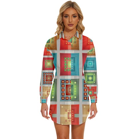 Tiles Pattern Background Colorful Womens Long Sleeve Shirt Dress by Amaryn4rt