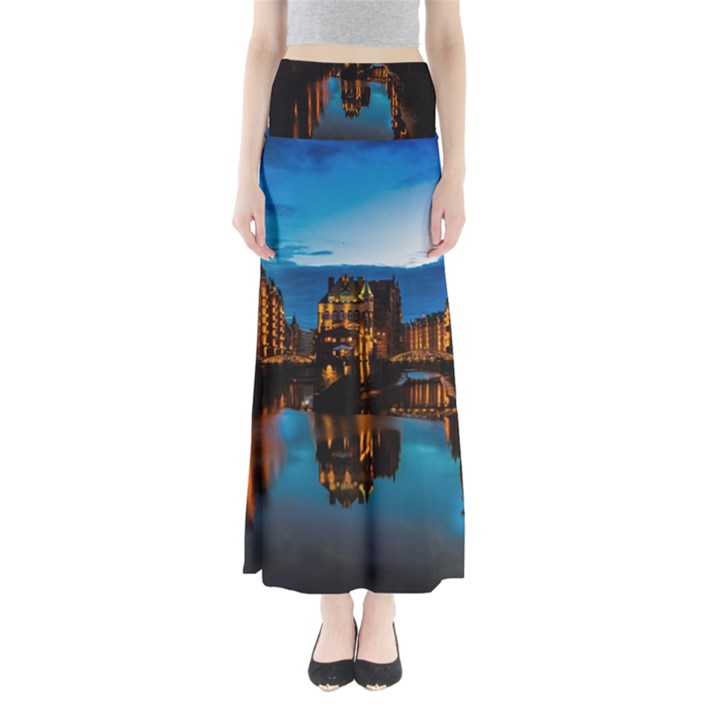 Hamburg City Blue Hour Night Full Length Maxi Skirt