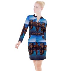 Hamburg City Blue Hour Night Button Long Sleeve Dress by Amaryn4rt