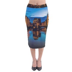 Hamburg City Blue Hour Night Velvet Midi Pencil Skirt by Amaryn4rt