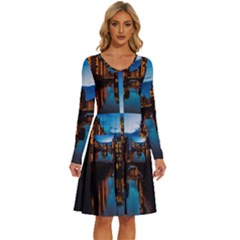 Hamburg City Blue Hour Night Long Sleeve Dress With Pocket by Amaryn4rt