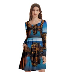 Hamburg City Blue Hour Night Long Sleeve Knee Length Skater Dress With Pockets by Amaryn4rt