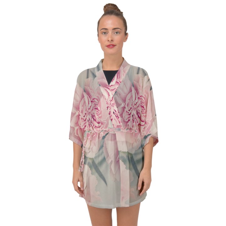 Cloves Flowers Pink Carnation Pink Half Sleeve Chiffon Kimono