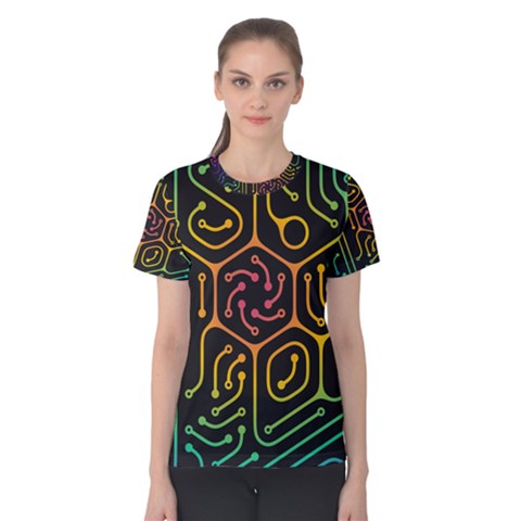 Circuit Hexagonal Geometric Pattern Background Pattern Women s Cotton T-shirt by Vaneshop