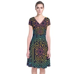 Circuit Hexagonal Geometric Pattern Background Pattern Short Sleeve Front Wrap Dress