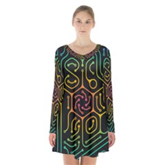 Circuit Hexagonal Geometric Pattern Background Pattern Long Sleeve Velvet V-neck Dress