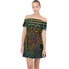 Circuit Hexagonal Geometric Pattern Background Pattern Off Shoulder Chiffon Dress by Vaneshop