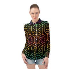 Circuit Hexagonal Geometric Pattern Background Pattern Long Sleeve Chiffon Shirt