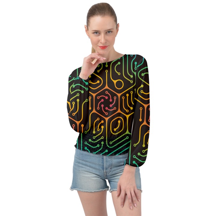 Circuit Hexagonal Geometric Pattern Background Pattern Banded Bottom Chiffon Top