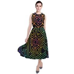 Circuit Hexagonal Geometric Pattern Background Pattern Round Neck Boho Dress