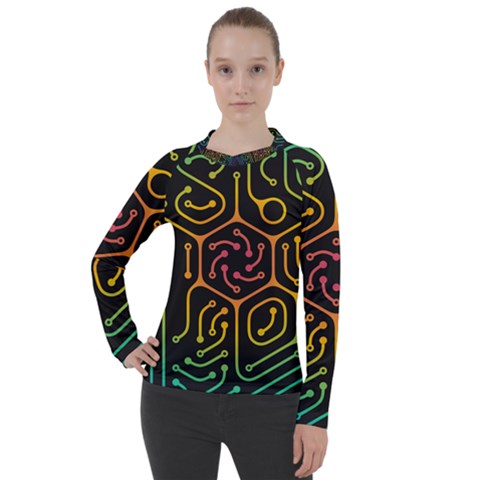 Circuit Hexagonal Geometric Pattern Background Pattern Women s Pique Long Sleeve T-shirt by Vaneshop