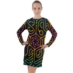 Circuit Hexagonal Geometric Pattern Background Pattern Long Sleeve Hoodie Dress