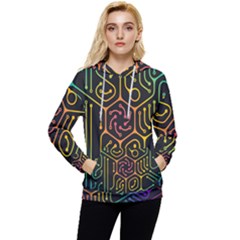 Circuit Hexagonal Geometric Pattern Background Pattern Women s Lightweight Drawstring Hoodie