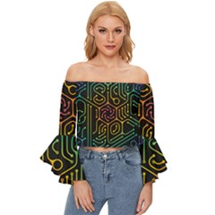 Circuit Hexagonal Geometric Pattern Background Pattern Off Shoulder Flutter Bell Sleeve Top