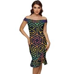 Circuit Hexagonal Geometric Pattern Background Pattern Off Shoulder Ruffle Split Hem Bodycon Dress by Vaneshop