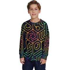 Circuit Hexagonal Geometric Pattern Background Pattern Kids  Crewneck Sweatshirt