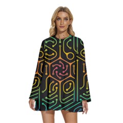 Circuit Hexagonal Geometric Pattern Background Pattern Round Neck Long Sleeve Bohemian Style Chiffon Mini Dress by Vaneshop